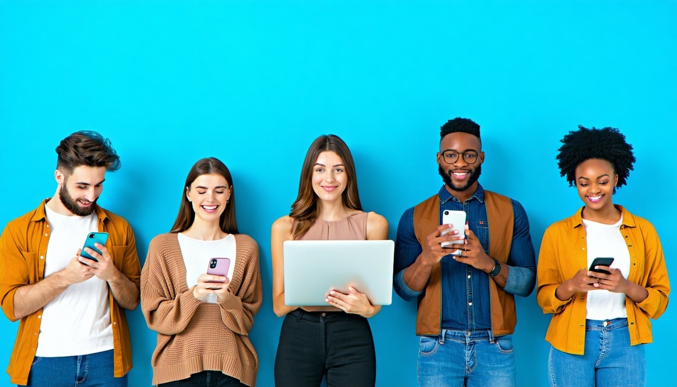 different people holding phone, laptop, tablet